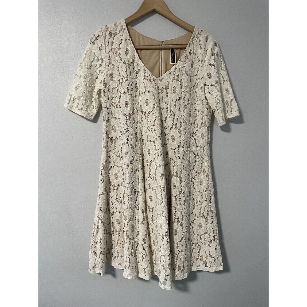 Julian Taylor Ivory Cream Lace Dress‎ Overlay Nude Underlay Cocktail Party 12